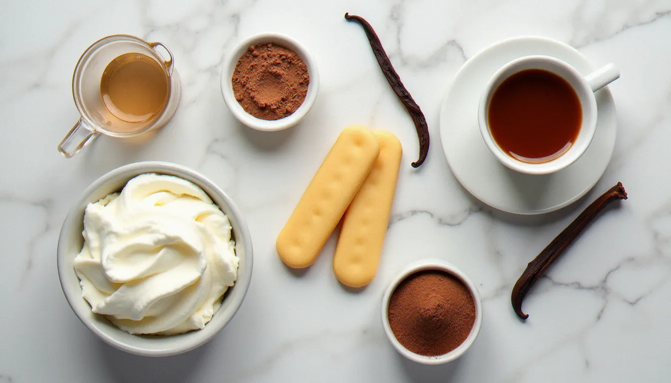 Vue du dessus des ingrédients pour un tiramisu sans oeuf disposés sur marbre : mascarpone, crème fouettée, biscuits à la cuillère, café expresso et cacao amer