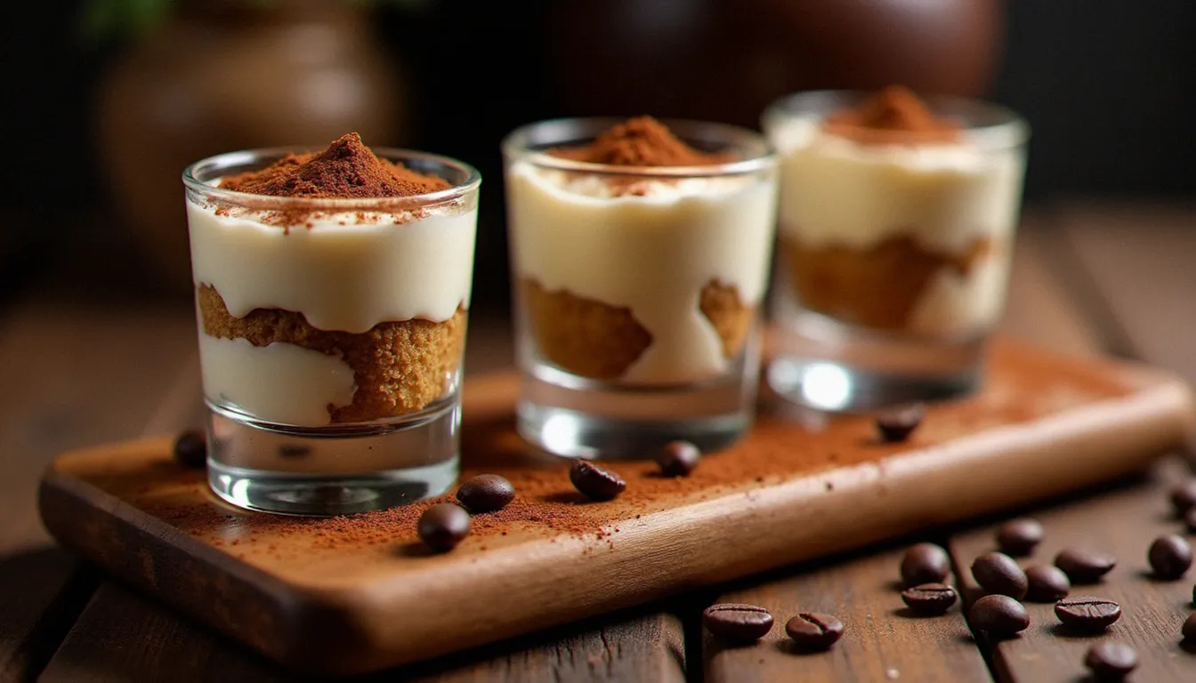Tiramisu sans oeuf en verrines individuelles transparentes révélant les couches de biscuits imbibés et de crème au mascarpone, saupoudré de cacao, sur une planche en bois