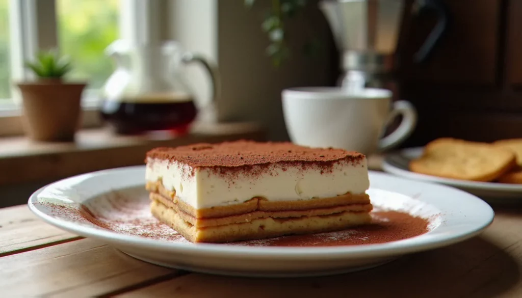 tiramisu sans oeuf featured Tiramisu sans oeuf servi dans un plat en céramique blanche, saupoudré de cacao amer, avec une couche de crème au mascarpone bien visible sur les côtés