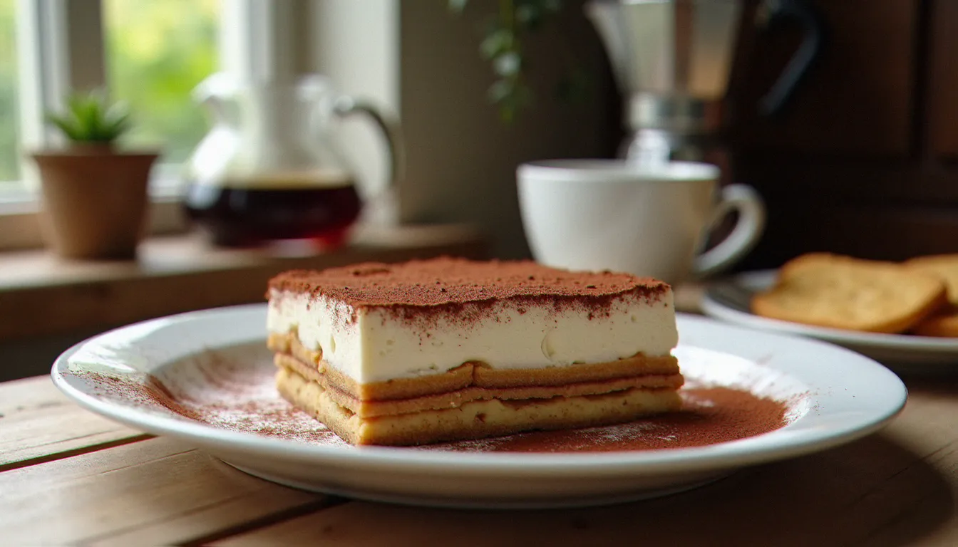 Tiramisu sans oeuf servi dans un plat en céramique blanche, saupoudré de cacao amer, avec une couche de crème au mascarpone bien visible sur les côtés