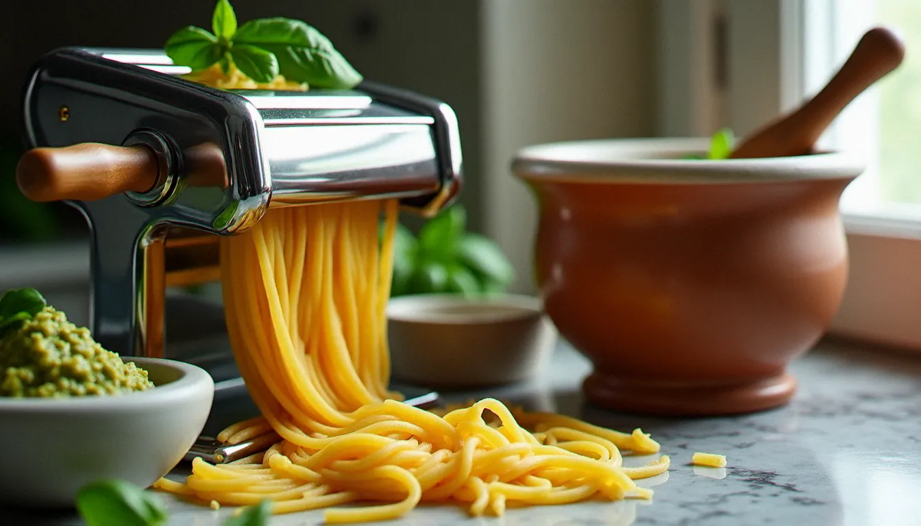 Équipements traditionnels d'une cuisine italienne : laminoir à pâtes manuel, mortier en pierre et marmite en terre cuite sur un plan de travail en marbre