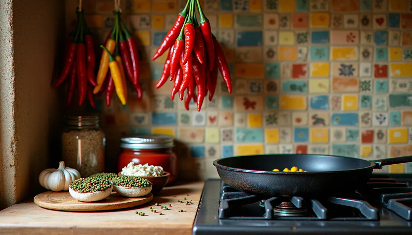 Coin de cuisine italienne du sud avec piments séchés, câpres au sel, anchois et tresses d'ail suspendus dans une ambiance méditerranéenne chaleureuse