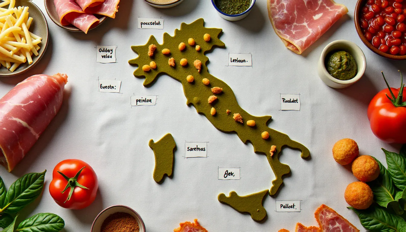 Vue aérienne des spécialités culinaires traditionnelles de différentes régions italiennes disposées sur une nappe en lin, illustrant la diversité d'une cuisine traditionnelle italienne