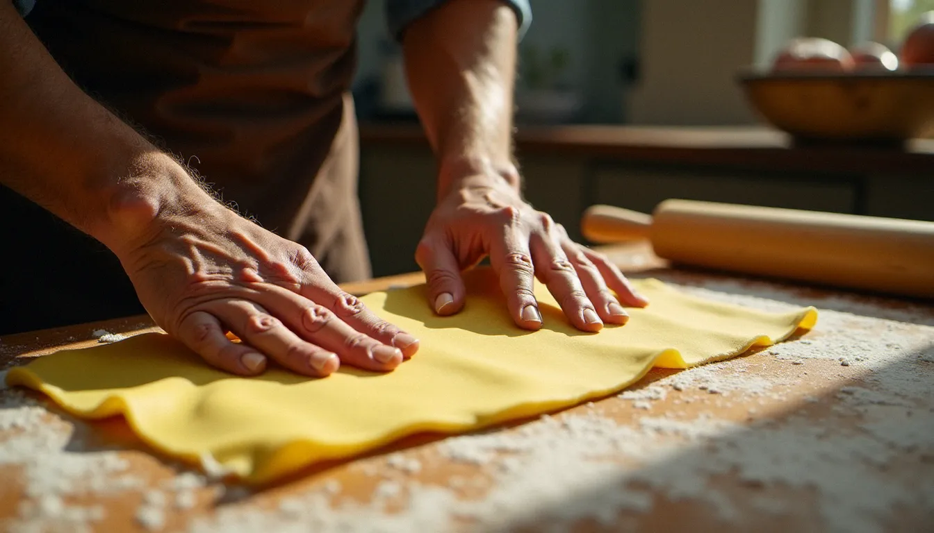 Mains d'une femme italienne en train d'étaler une sfoglia de pâtes fraîches aux œufs sur un plan de travail en bois fariné, geste emblématique d'une cuisine traditionnelle transmise de génération en génération