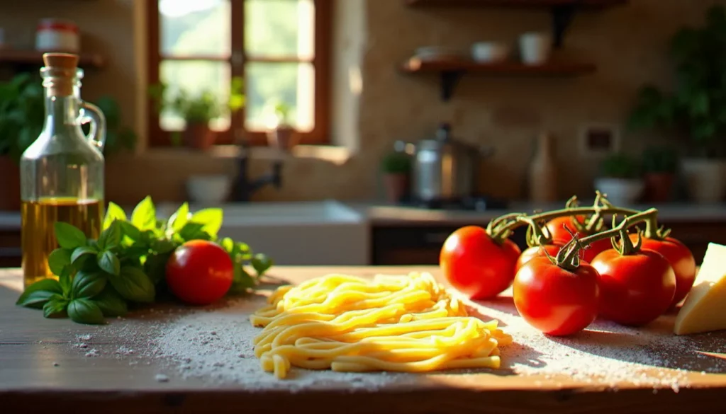 une cuisine traditionnelle featured Table en bois d'une cuisine traditionnelle italienne avec tomates San Marzano, basilic frais, Parmigiano Reggiano, huile d'olive et pâtes fraîches étalées sur la surface farinée