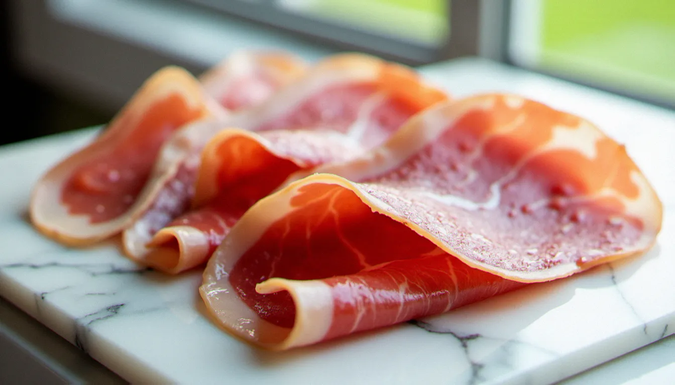 Plateau de dégustation de jambons crus italiens AOP dont le Prosciutto di Parma et le San Daniele présentés sur marbre blanc