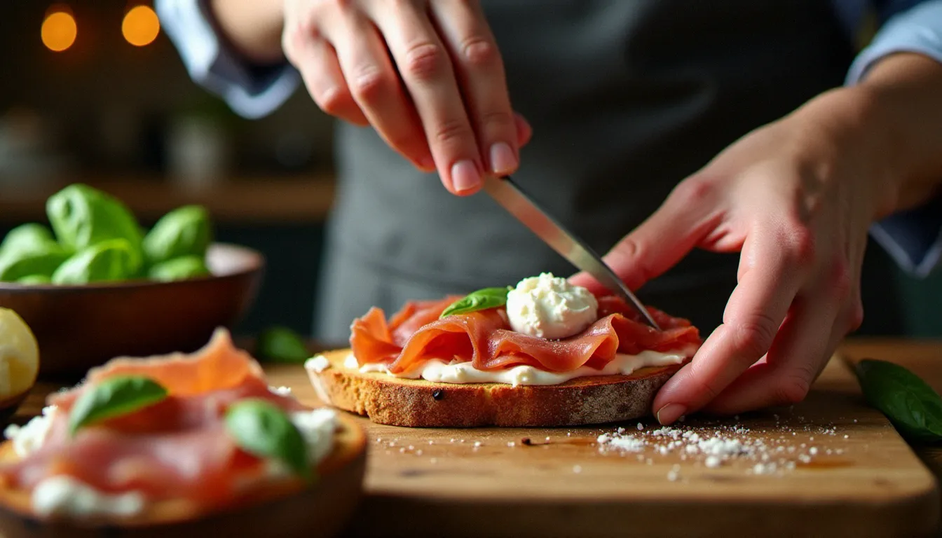 Mains préparant une bruschetta jambon cru en étalant de la ricotta sur du pain grillé dans une cuisine rustique