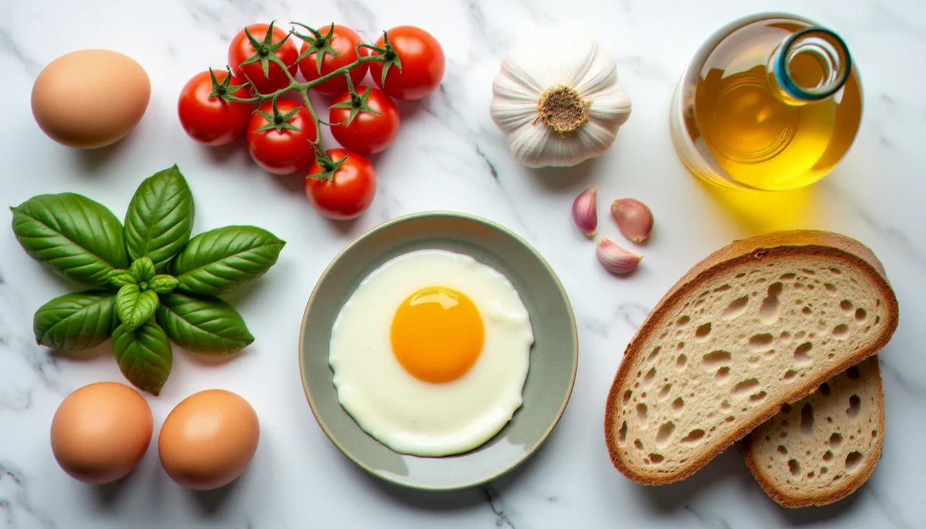 Ingrédients frais pour une bruschetta omelette disposés sur marbre blanc : œufs de ferme, tomates cerises, ail, basilic et pain de campagne au levain