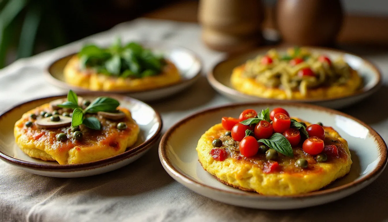 Quatre variantes régionales italiennes de bruschetta omelette présentées sur petites assiettes en céramique : version ligure au pesto, version sicilienne aux câpres, version piémontaise aux porcini et version romaine aux fleurs de courgette
