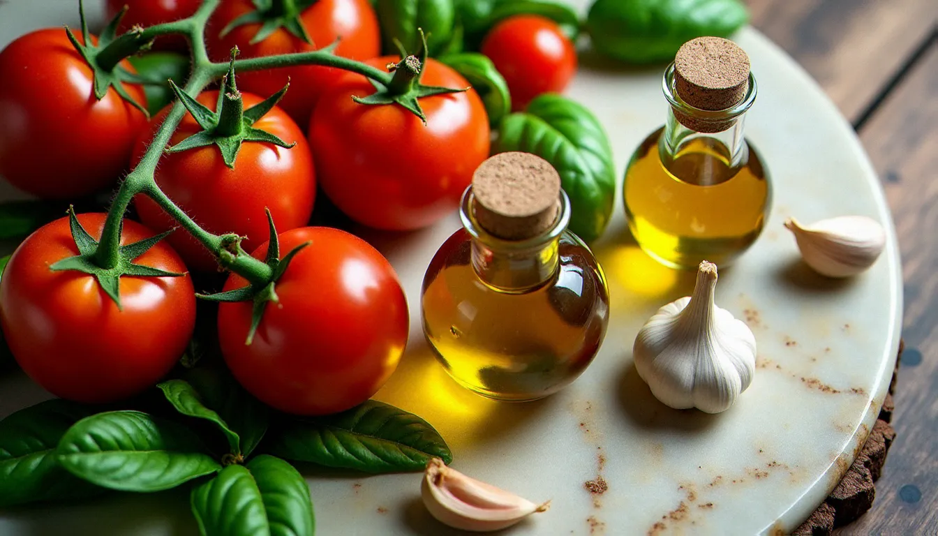 Ingrédients authentiques pour bruschetta originale : tomates Roma mûres, basilic frais, huile d'olive italienne et ail sur marbre