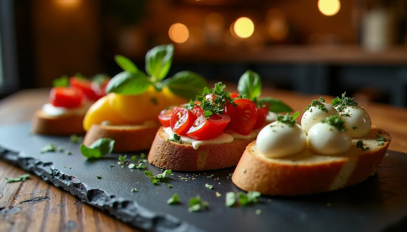 Quatre variations régionales de bruschetta italienne présentées côte à côte sur une ardoise : version nature, tomates-basilic, truffe noire et mozzarella di bufala