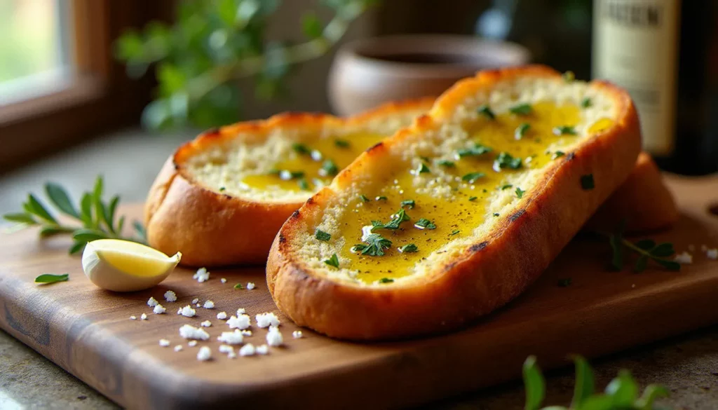 Bruschetta originale sur planche en bois rustique, pain de campagne grillé avec traces de grill, arrosé d'huile d'olive vierge extra et frotté à l'ail frais