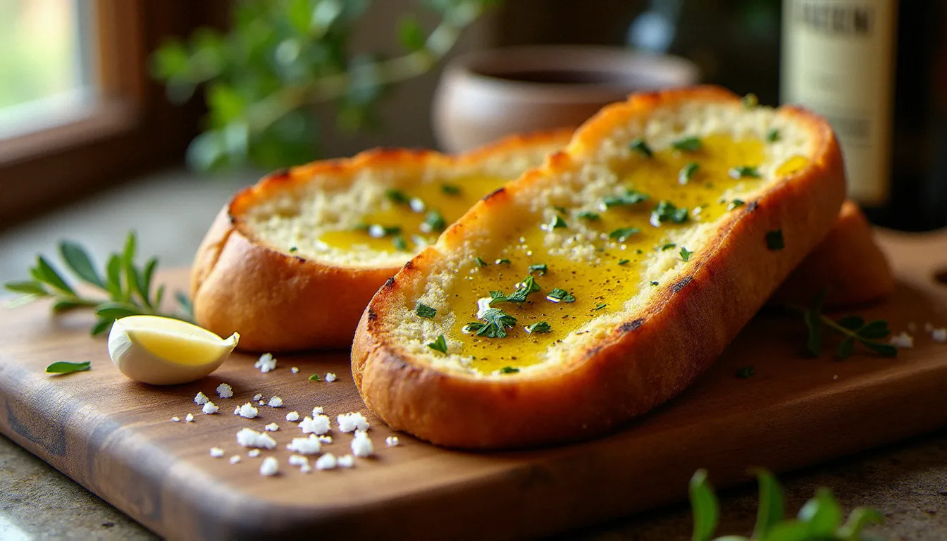 Bruschetta originale sur planche en bois rustique, pain de campagne grillé avec traces de grill, arrosé d'huile d'olive vierge extra et frotté à l'ail frais