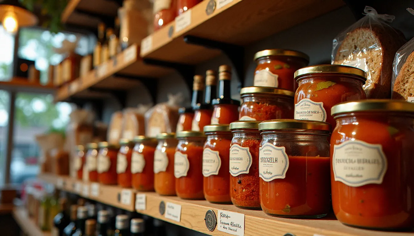 Épicerie fine italienne avec bocaux de bruschetta al pomodoro artisanale, bouteilles d'huile d'olive DOP et friselle des Pouilles sur des étagères en bois