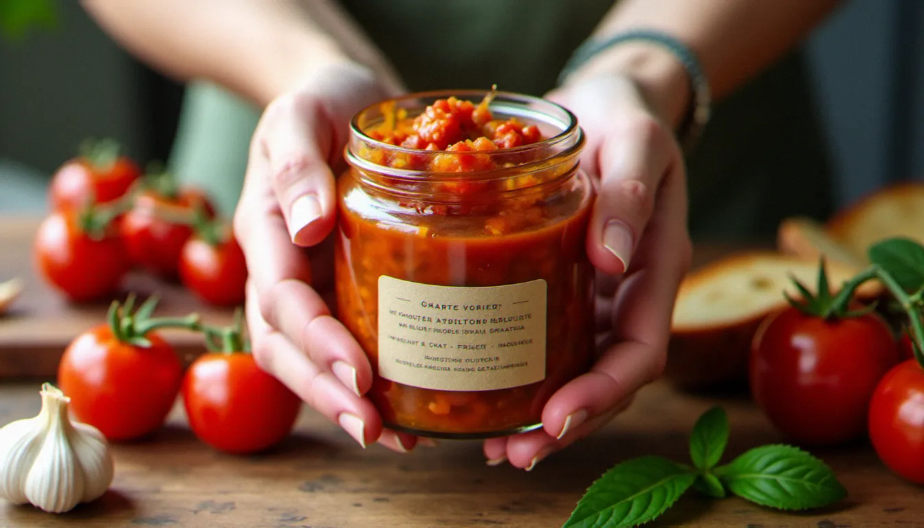 Bocal artisanal de bruschetta al pomodoro tenu à la main, montrant la texture chunky de la garniture à la tomate et à l'huile d'olive extra vierge