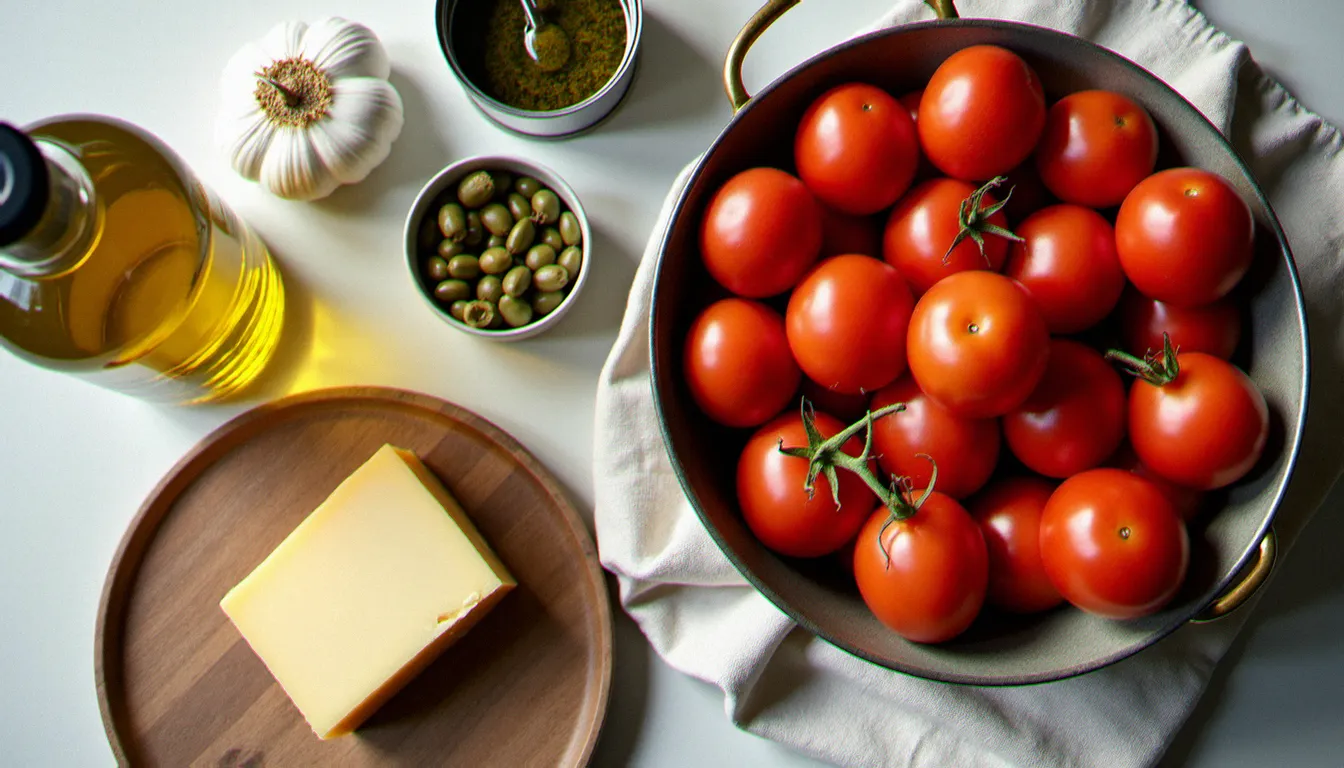 Les ingrédients essentiels de la cuisine italienne facile : huile d'olive, tomates San Marzano, parmesan, ail, câpres et anchois disposés sur un linge de lin