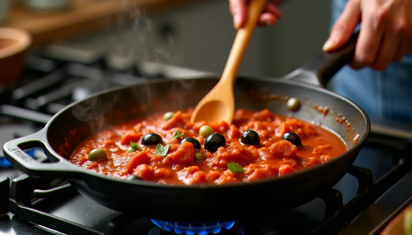 Mains remuant une sauce puttanesca aux tomates, olives et câpres dans une poêle en fonte, illustration d'une sauce italienne rapide et facile à préparer