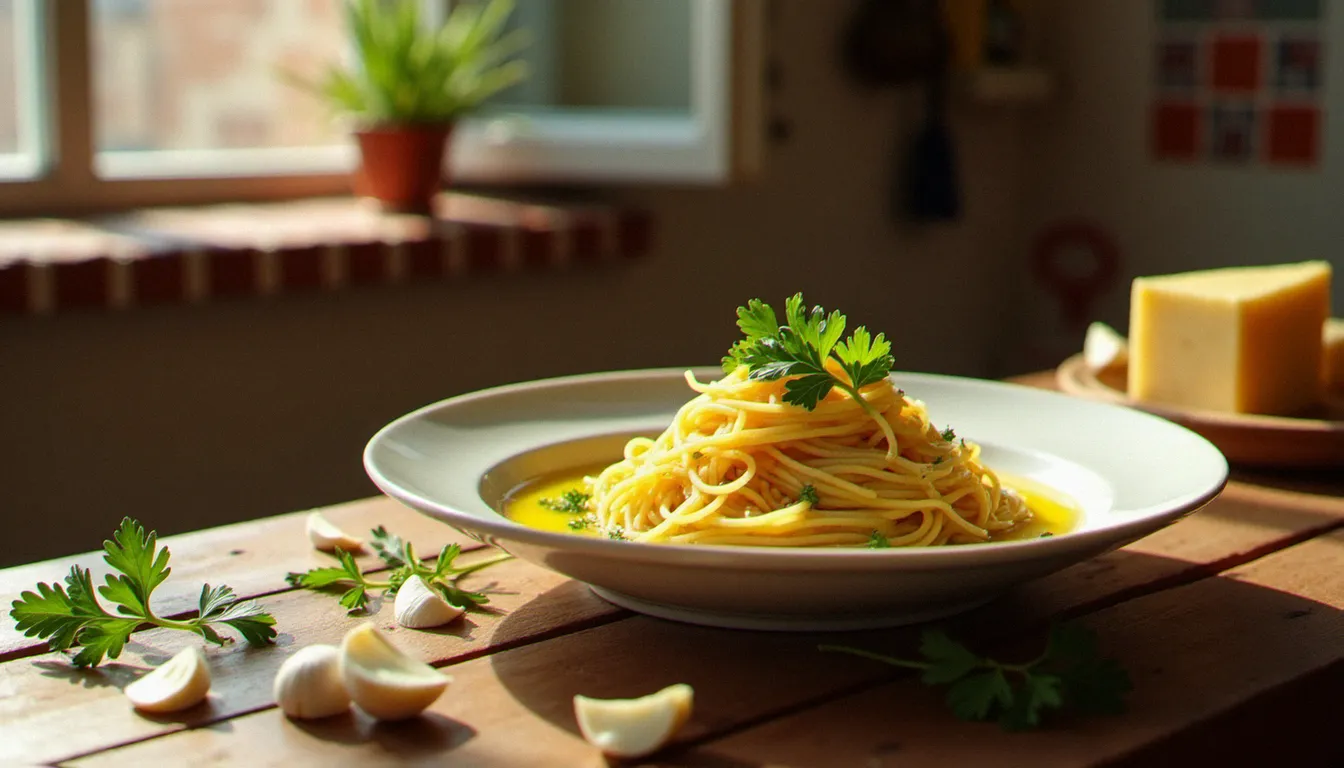 Bol de spaghetti aglio e olio brillants à l'huile d'olive sur une table en bois rustique, exemple parfait de cuisine italienne facile et authentique
