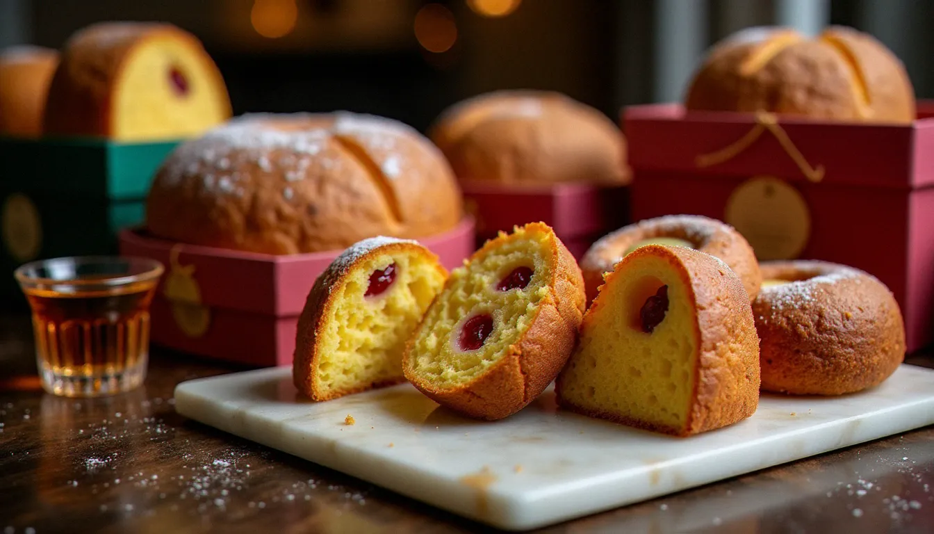 Étal d'épicerie fine italienne avec plusieurs panettoni en boîtes cadeaux décorées et un panettone tranché sur un plateau en marbre révélant sa mie garnie de fruits confits