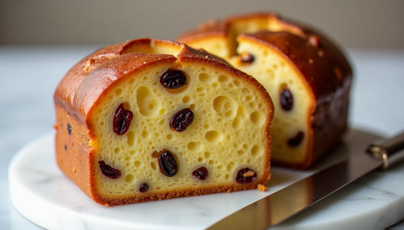 Tranches de panettone Motta révélant une mie filante et aérée avec fruits confits, posées sur marbre blanc, lumière naturelle latérale