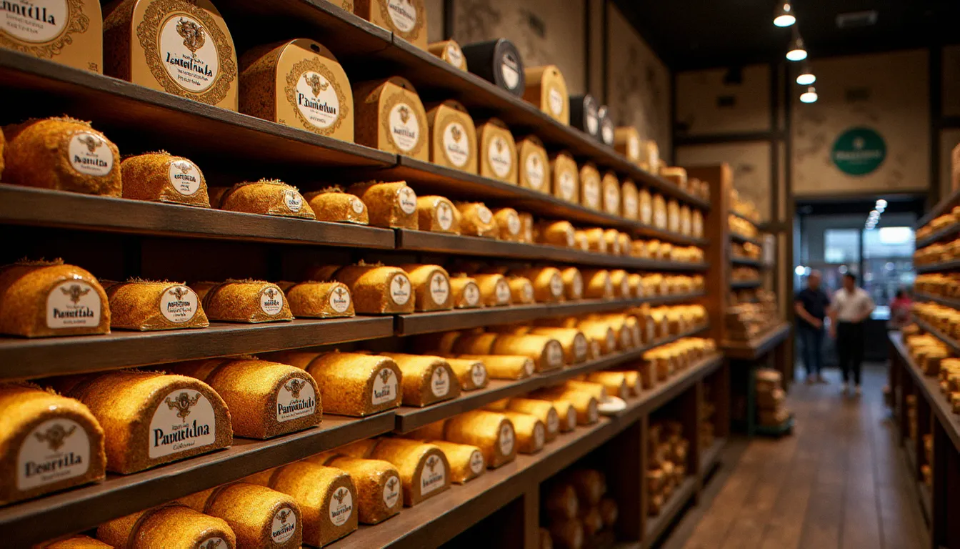 Assortiment de boîtes de panettone Motta en différents formats exposées sur les étagères en bois d'une épicerie fine italienne, lumière ambrée chaleureuse