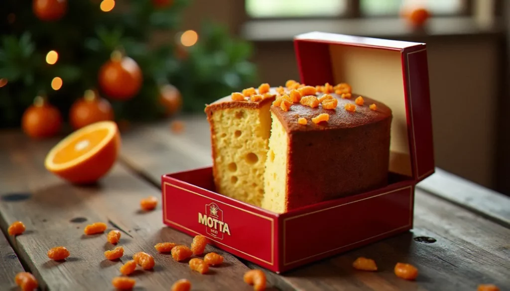 Panettone Motta dans sa boîte traditionnelle rouge et or, posé sur une table en bois avec des zestes d'orange confits et des raisins secs, lumière naturelle chaleureuse