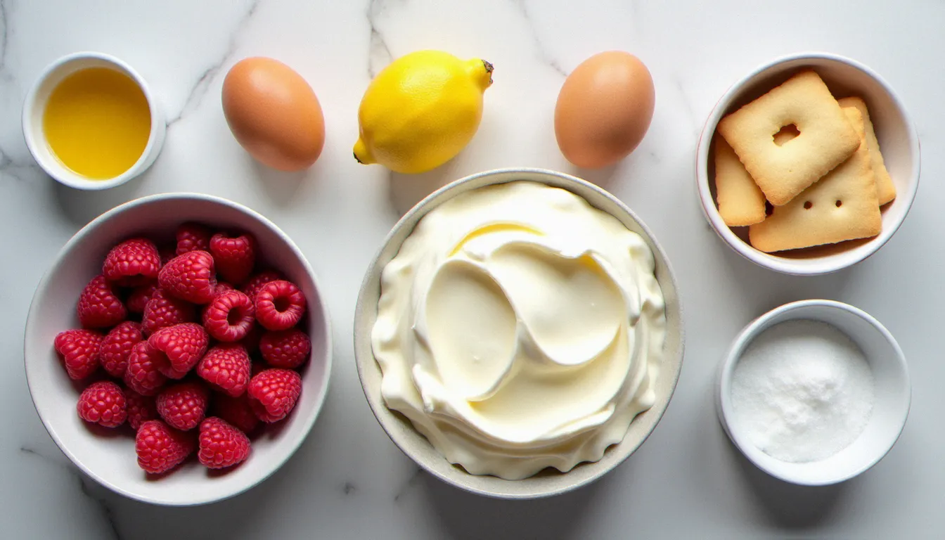 Ingrédients pour le tiramisu framboise disposés sur un plan de travail en marbre : framboises, mascarpone, savoiardi, œufs et citron