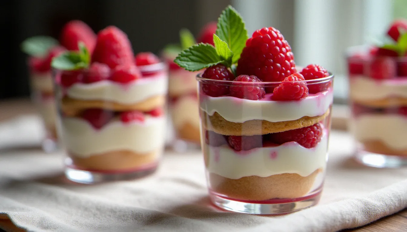 Verrine individuelle de tiramisu framboise montrant les couches de biscuit imbibé et de crème mascarpone, surmontée d'une framboise fraîche
