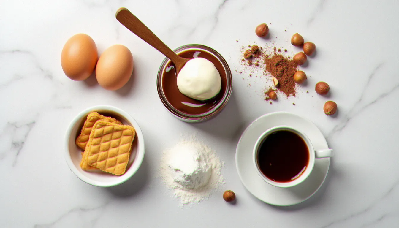 Ingrédients du tiramisu Nutella disposés en vue du dessus sur marbre blanc : mascarpone, Nutella, boudoirs, œufs et noisettes