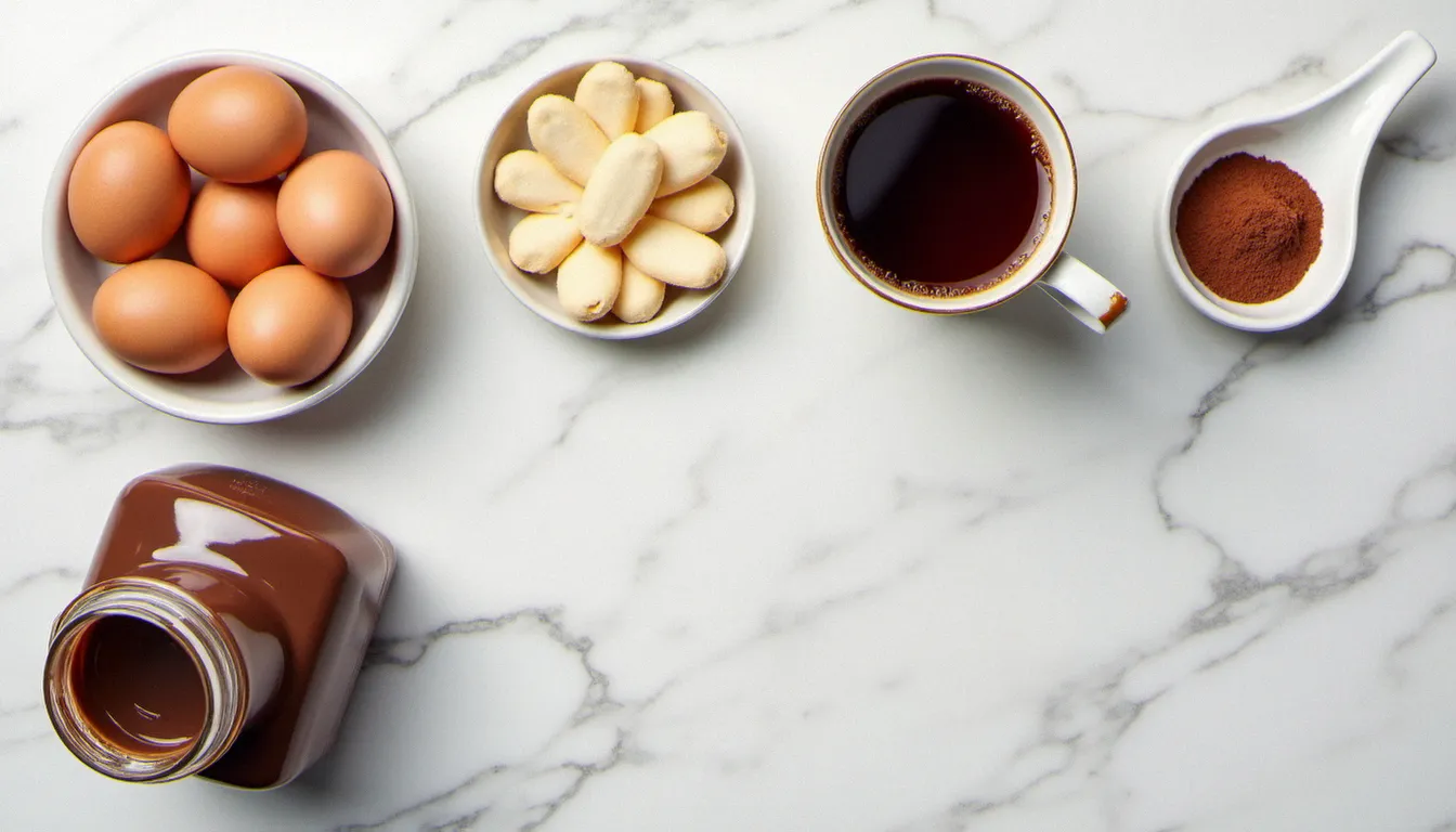 Ingrédients du tiramisu Nutella disposés sur marbre blanc : mascarpone, Nutella, œufs, biscuits savoiardi et café