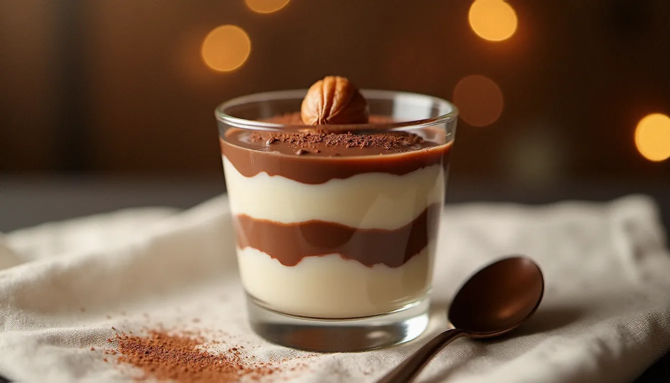 Verrine individuelle de tiramisu Nutella avec couches visibles de boudoirs et crème noisette, filet de Nutella et noisette entière en décoration