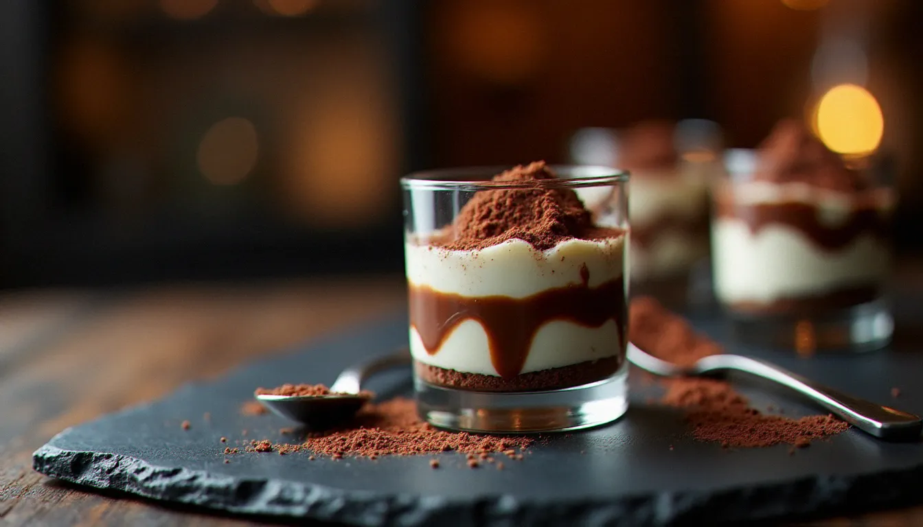 Verrine de tiramisu Nutella en coupe montrant les couches de biscuit, crème mascarpone et ganache Nutella