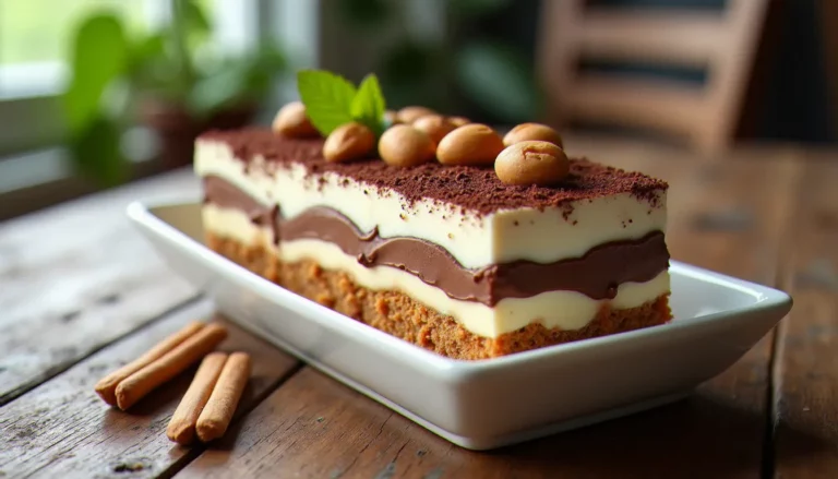 Tiramisu Nutella en plat rectangulaire blanc avec couches de crème mascarpone et noisettes, posé sur une table en bois rustique