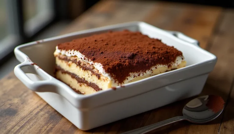 Plat de tiramisu Nutella vu de dessus, saupoudré de cacao, avec cuillère de service sur table en bois
