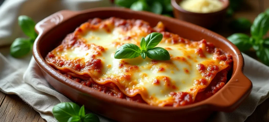 Lasagne bolognaise dorée et gratinée dans un plat en terre cuite, sortie du four avec une croûte dorée et du fromage fondu, photographiée en vue du dessus