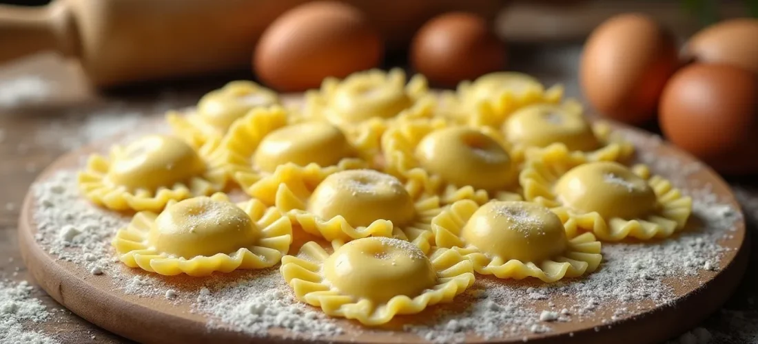 Ravioli maison frais disposés sur une planche en bois farinée avec rouleau à pâtisserie et œufs en arrière-plan
