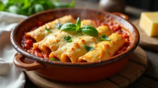 Plat de cannelloni gratinés maison nappés de béchamel dorée et de sauce tomate dans un plat en céramique rustique, prêts à être servis