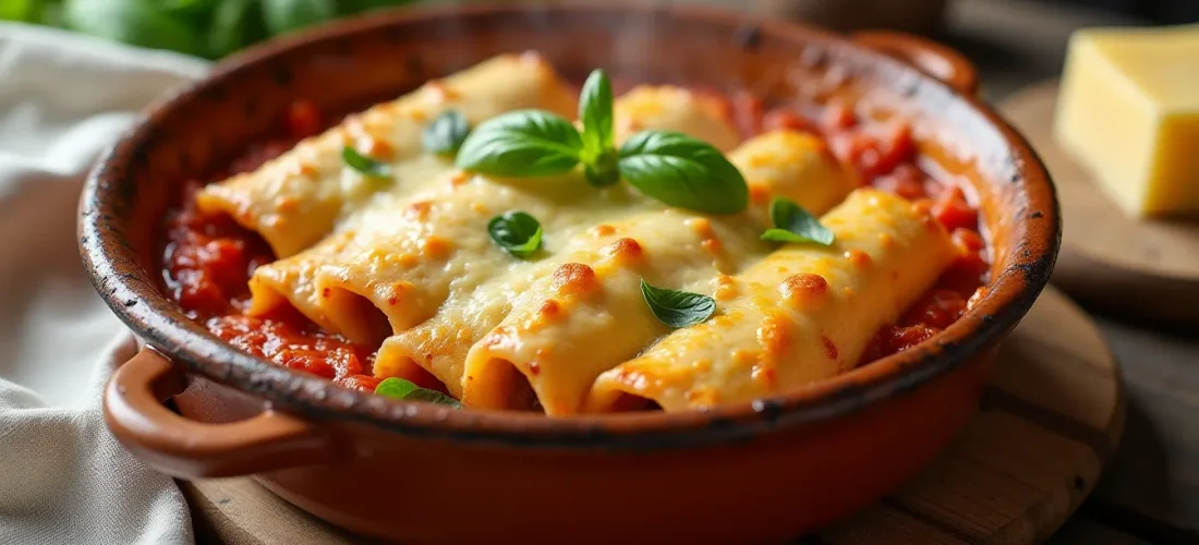 Plat de cannelloni gratinés maison nappés de béchamel dorée et de sauce tomate dans un plat en céramique rustique, prêts à être servis